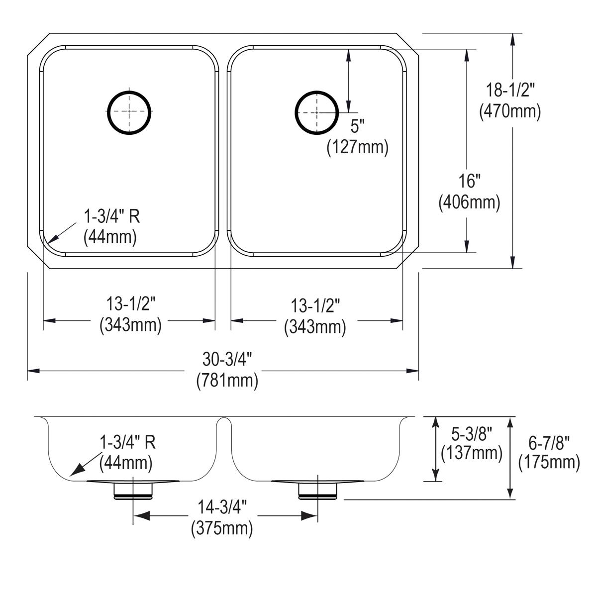 Stainless steel double bowl undermount sink with rounded corners and drain holes, shown in top and side technical drawings wi