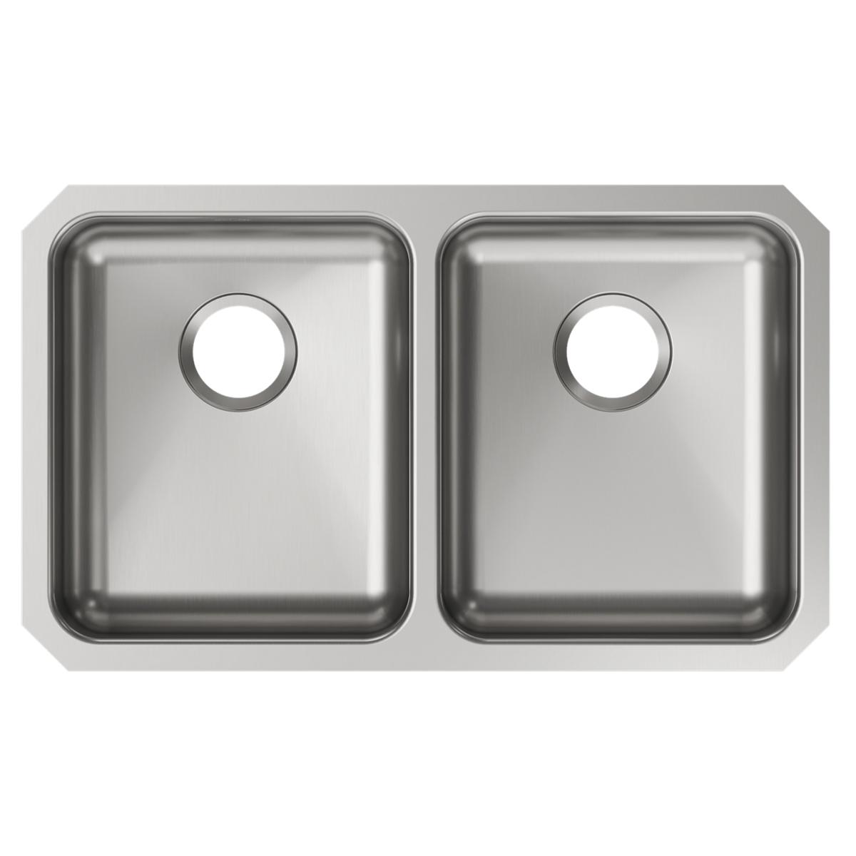 Stainless steel double bowl undermount sink with two equal-sized basins and drain holes.