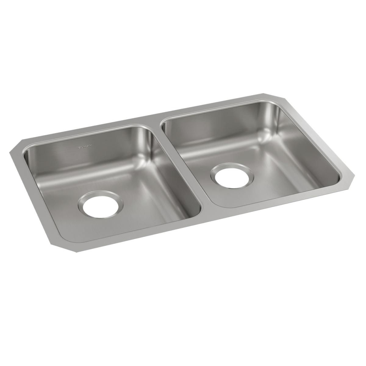 Stainless steel double bowl undermount sink with two equal-sized basins and drain holes.