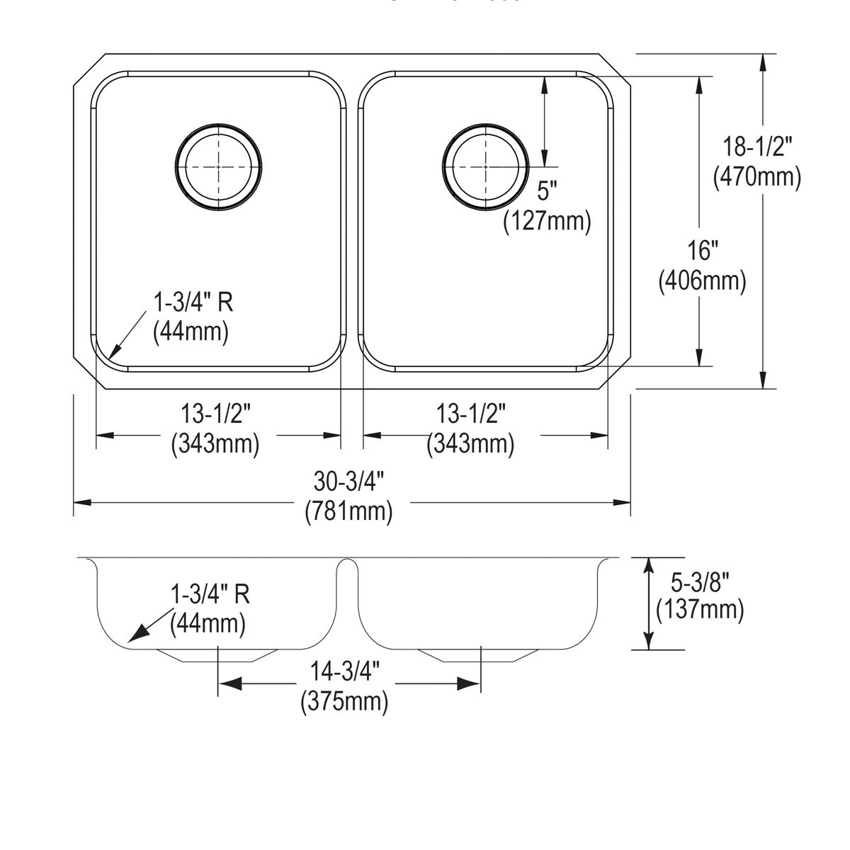Technical diagram showing top and side views of a stainless steel double bowl undermount sink with dimensions and drain hole 