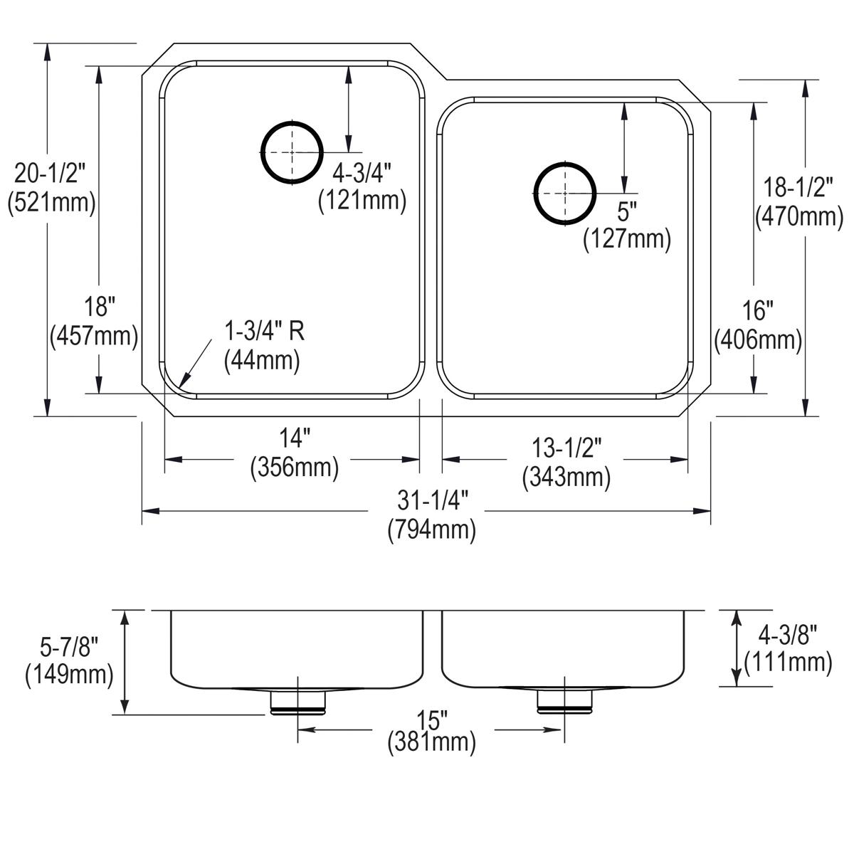 Stainless steel double bowl undermount sink with rounded corners, larger left bowl and smaller right bowl, shown in top and s
