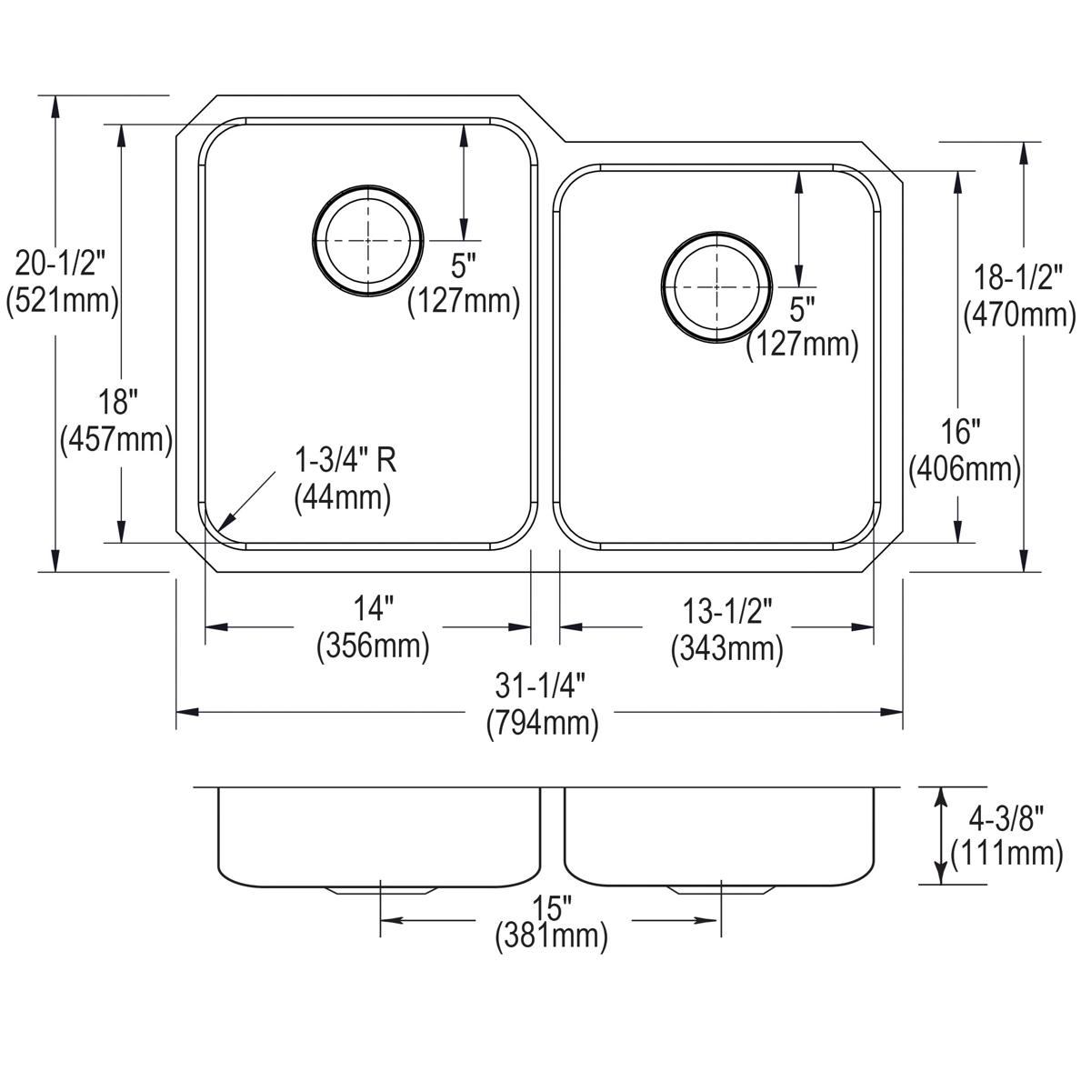 Top and side view technical drawings of a stainless steel double bowl undermount sink with offset bowls and drainage holes.