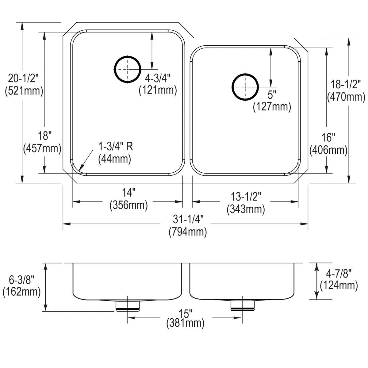 Stainless steel double bowl undermount sink with dimensions and drain hole specifications shown in top and side technical dra