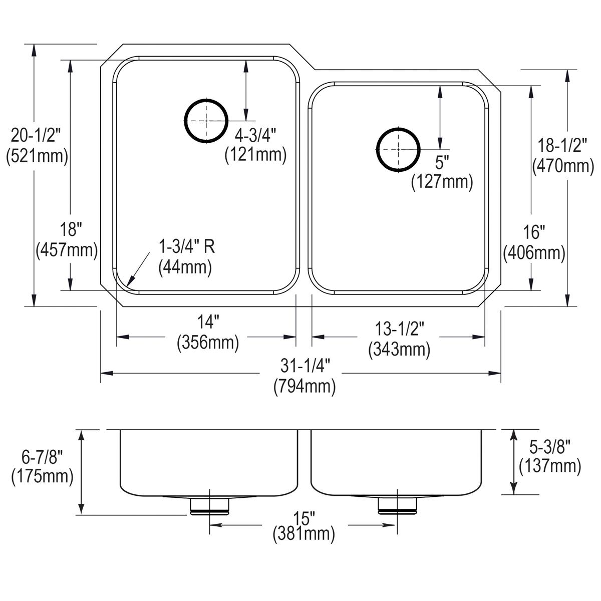 Stainless steel double bowl undermount sink with rounded corners and two drain openings shown in top and side technical diagr