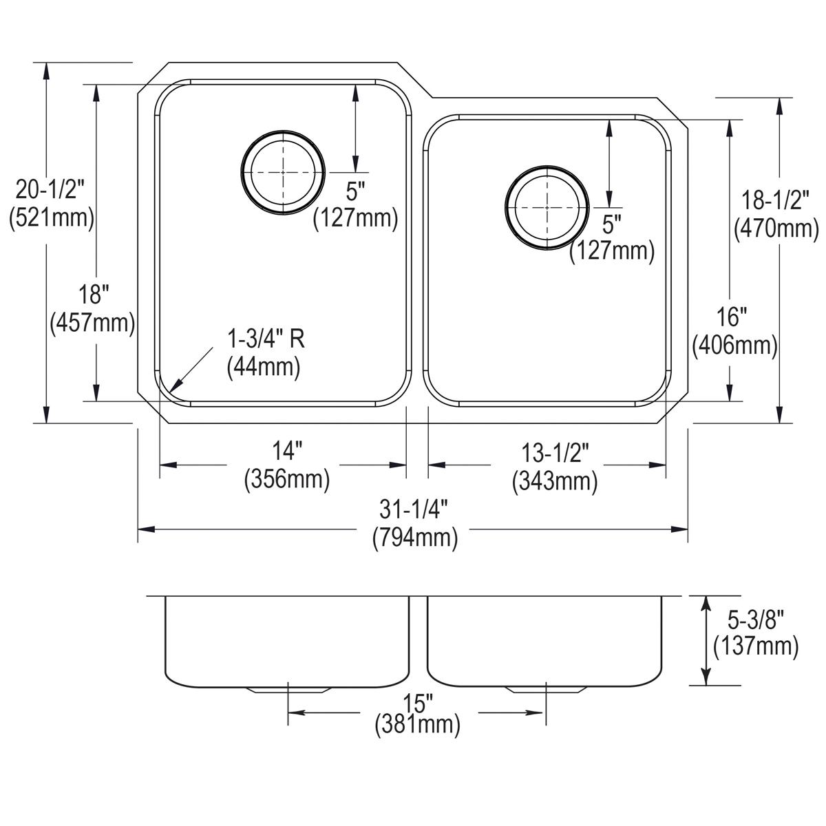 Stainless steel double bowl undermount sink with offset bowls and rounded corners, shown in top and side technical drawings w