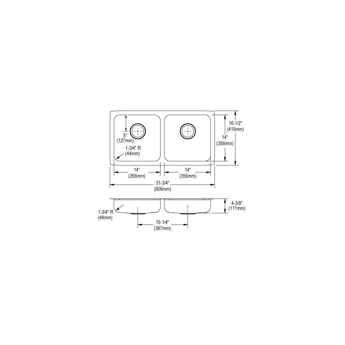 Elkay Lustertone Classic Stainless Steel, 31-3/4" x 16-1/2" x 4-3/8", Equal Double Bowl Undermount ADA Sink