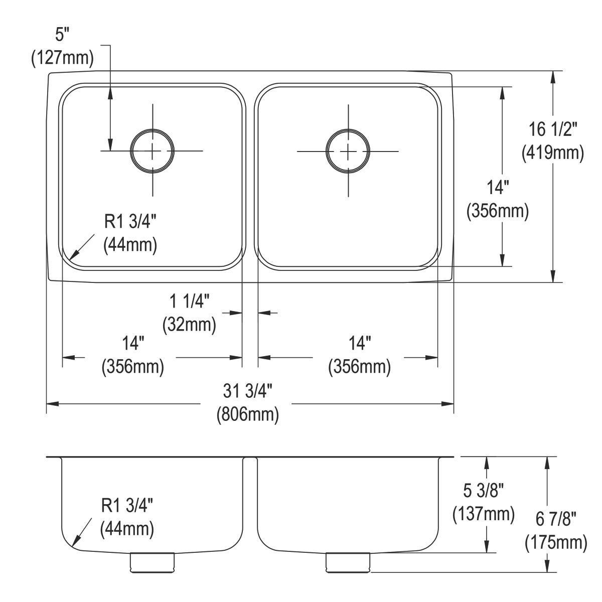 Stainless steel double bowl undermount sink with rounded corners and centered drain holes, shown in top and side technical dr