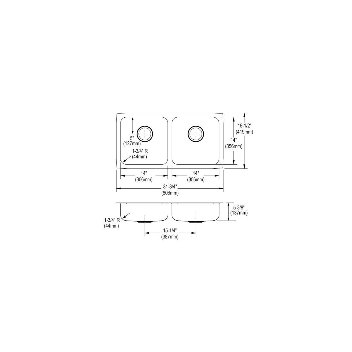 Top and side technical drawings of stainless steel double bowl undermount sink with equal-sized bowls and rounded corners.