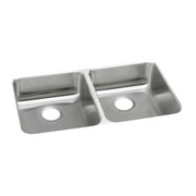 Stainless steel double bowl undermount sink with two equal-sized basins and drain holes.