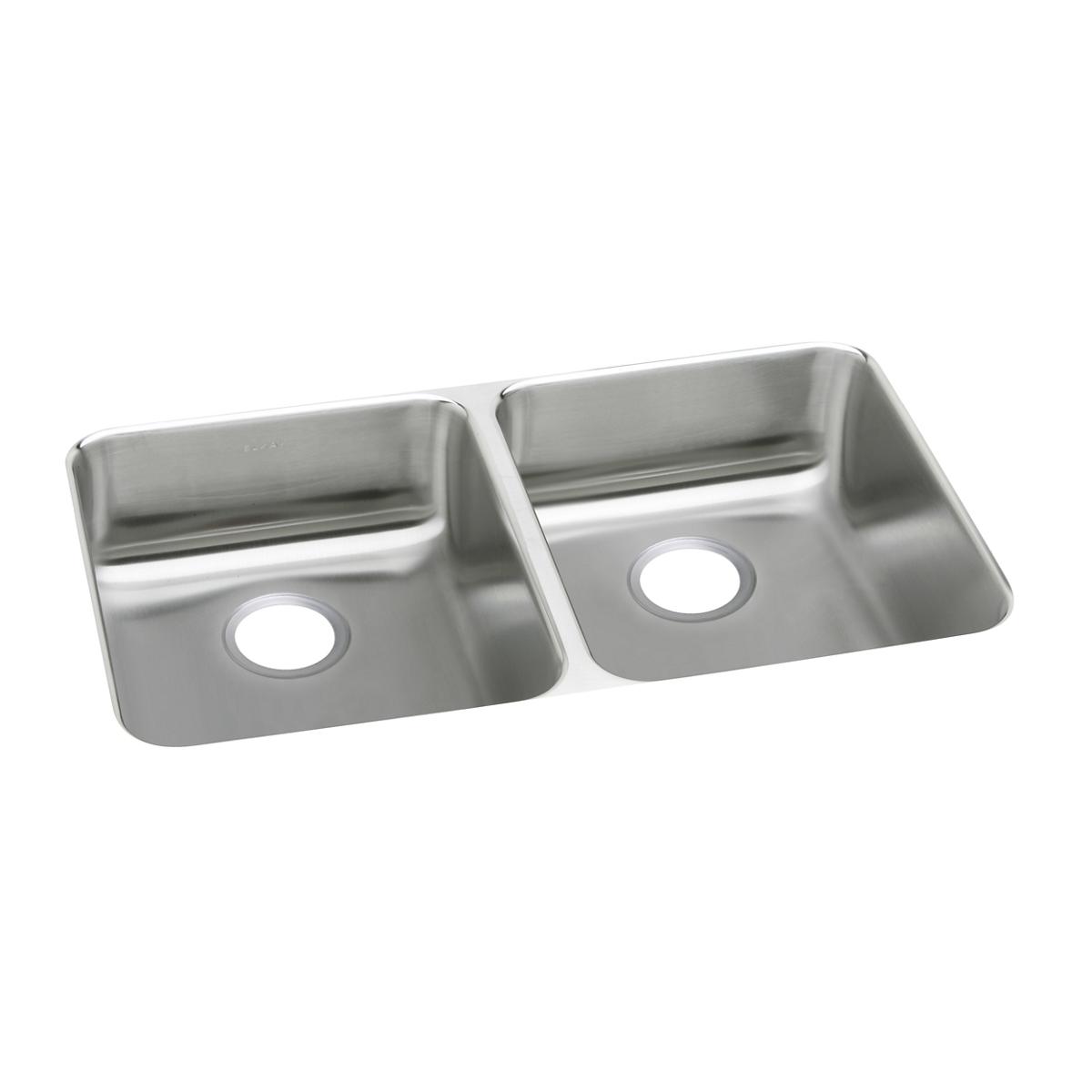 Stainless steel double bowl undermount sink with two equal-sized basins and drain holes.