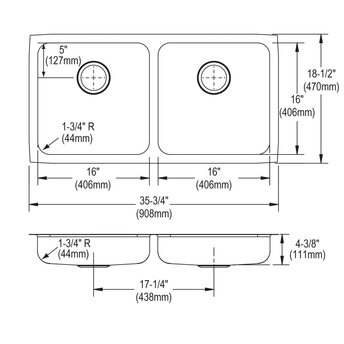 Top and side technical drawings of stainless steel double bowl undermount sink with equal basins and drain locations.