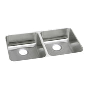 Stainless steel double bowl undermount sink with two equal-sized basins and drain openings.