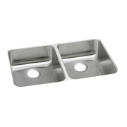 Stainless steel double bowl undermount sink with two equal-sized basins and drain holes.