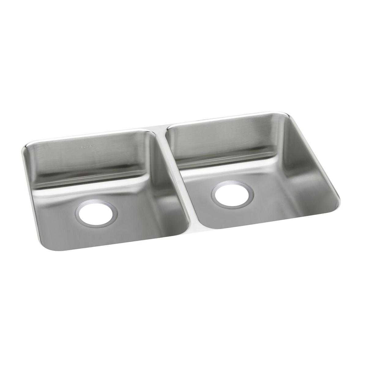Stainless steel double bowl undermount sink with two equal-sized basins and drain holes.