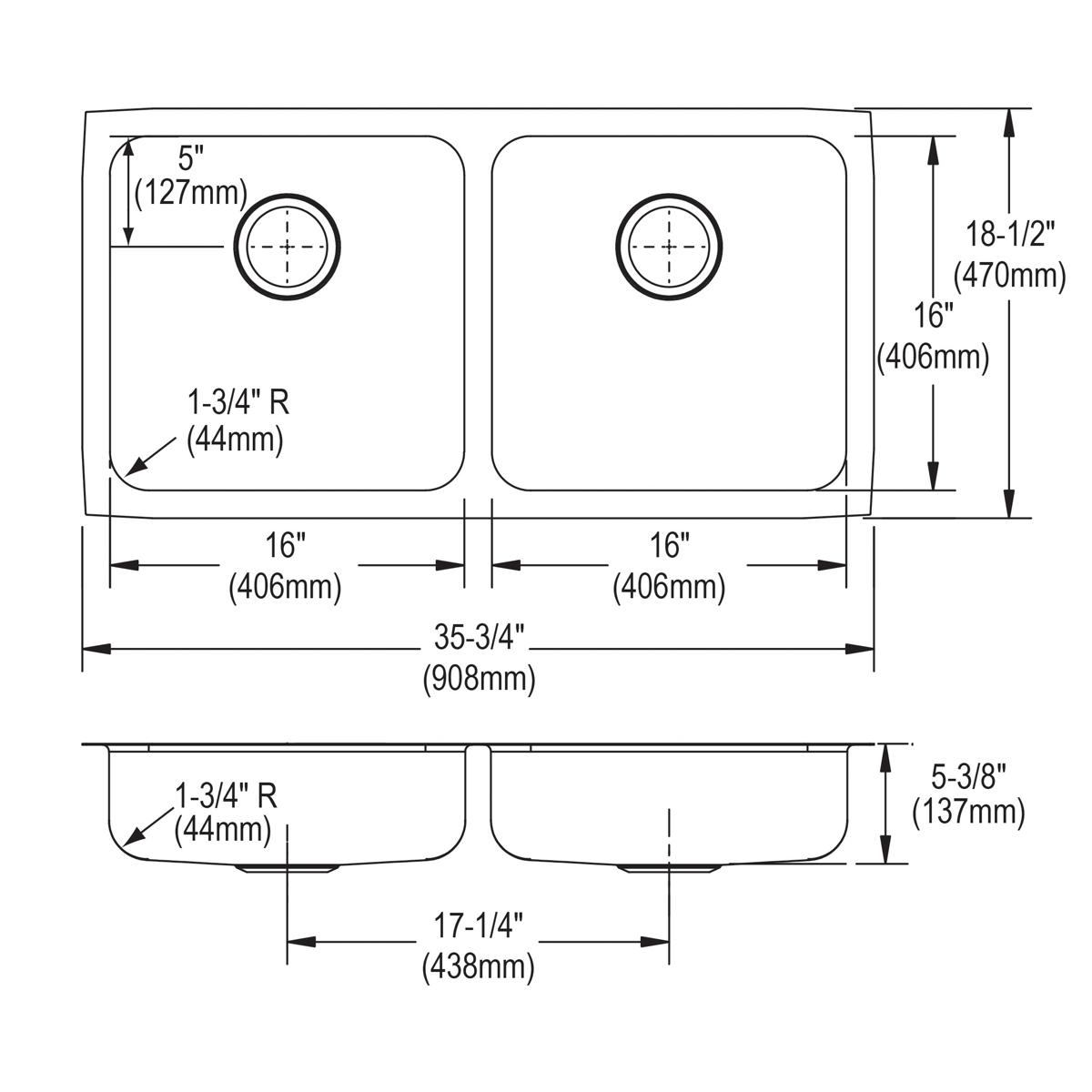 Stainless steel double bowl undermount sink with equal-sized bowls, rounded corners, and centered drain holes shown in top an