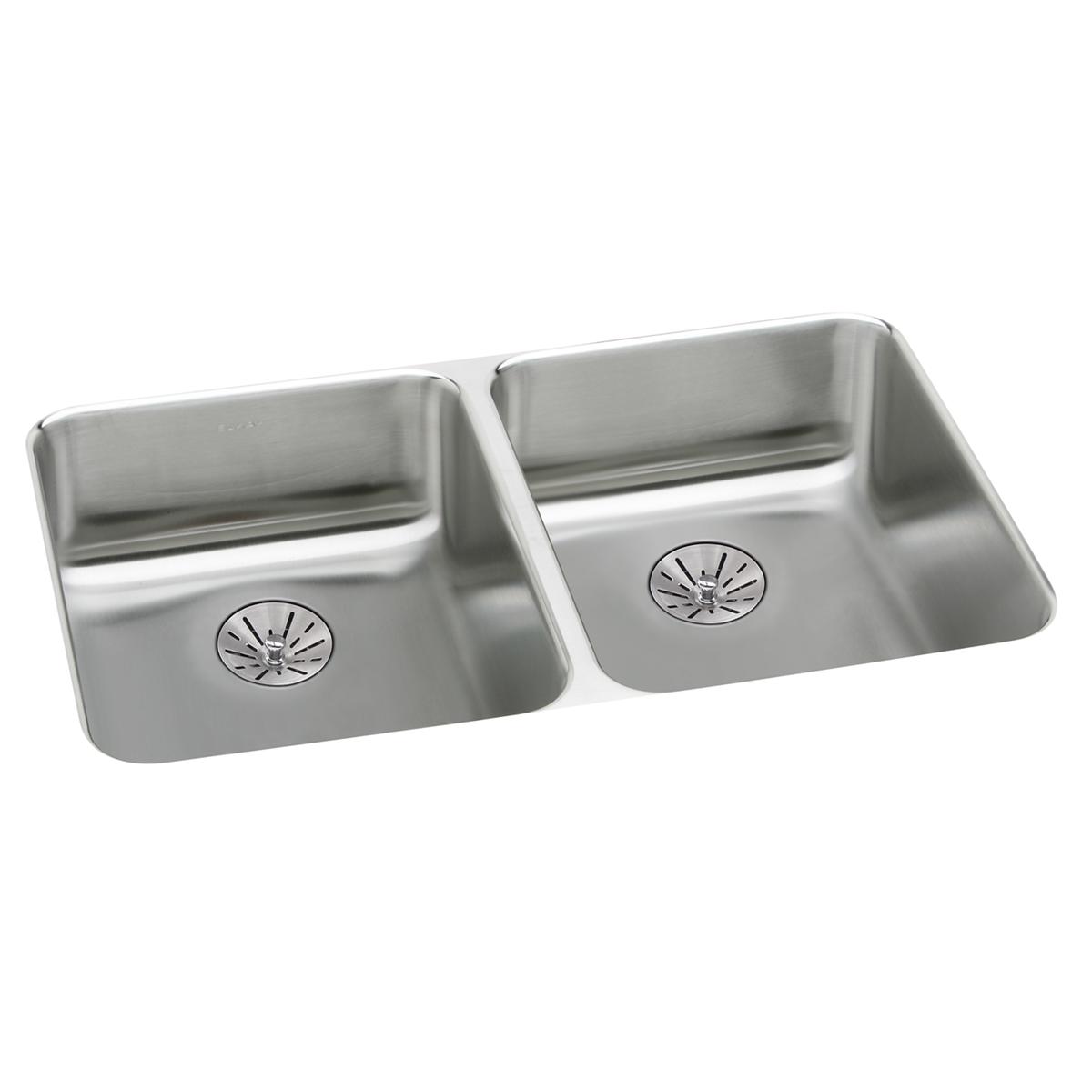 Stainless steel double bowl undermount sink with two drain baskets visible in each basin.