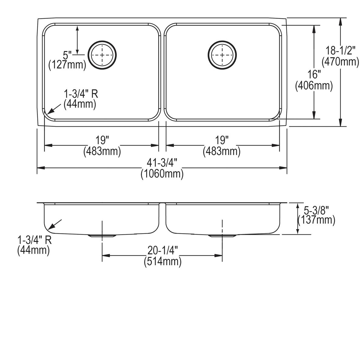 Top and side view technical drawings of stainless steel double bowl undermount sink with dimensions and drain locations.