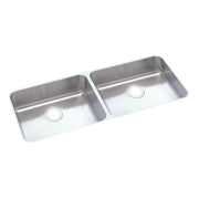 Stainless steel double bowl undermount sink with two equal rectangular basins and drain holes.