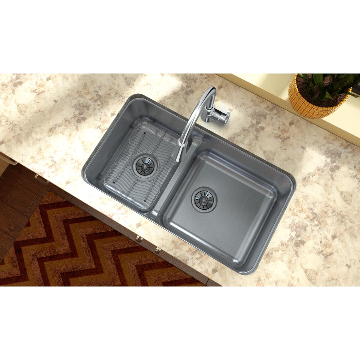 Stainless steel bottom grid with horizontal wire pattern for kitchen sink basin.