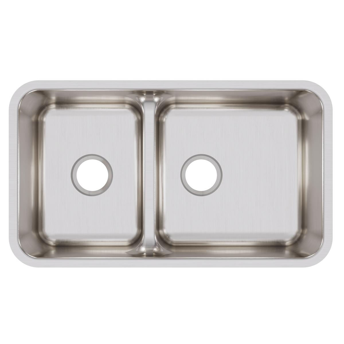 Stainless steel double bowl undermount sink with two equal rectangular basins and faucet holes.