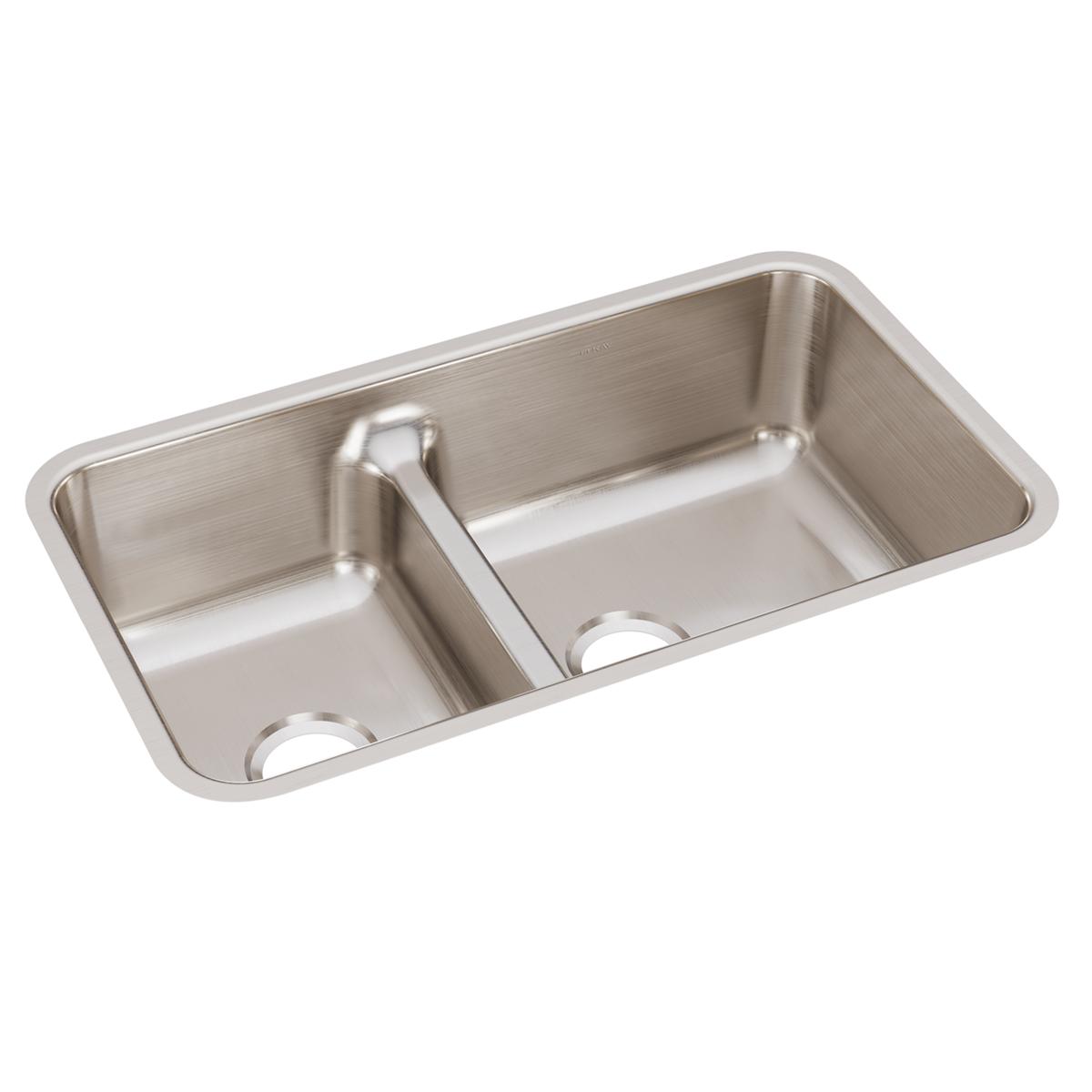 Stainless steel double bowl undermount sink with divider and two drain holes.
