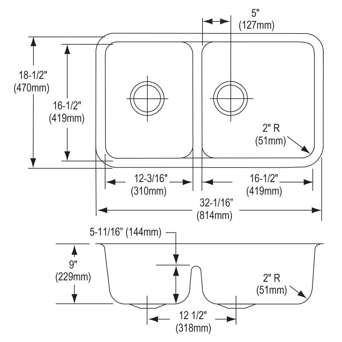 Stainless steel double bowl undermount sink with 40/60 bowl configuration and center divider, top and side view with dimensio