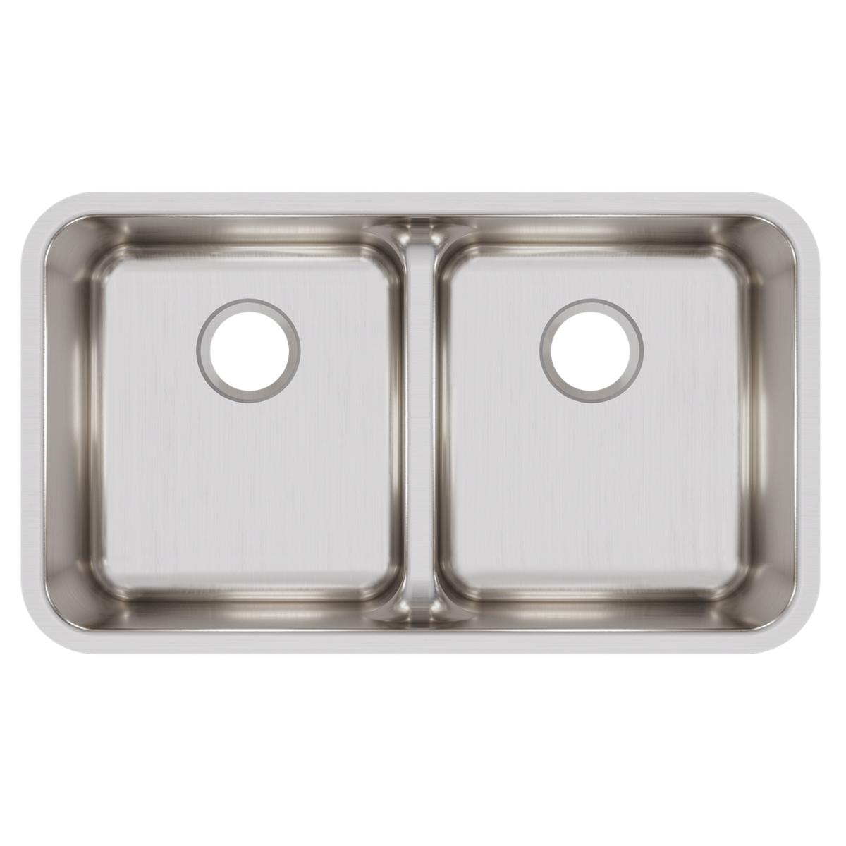 Stainless steel double bowl undermount sink with two equal rectangular basins and drain holes, viewed from above.