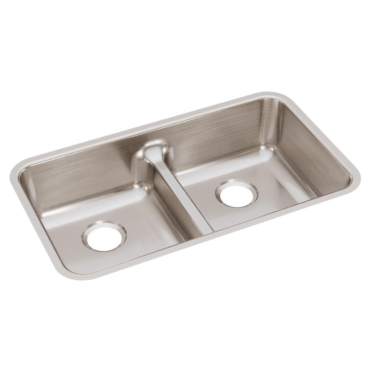 Stainless steel double bowl undermount sink with center divider and drain holes visible from above.