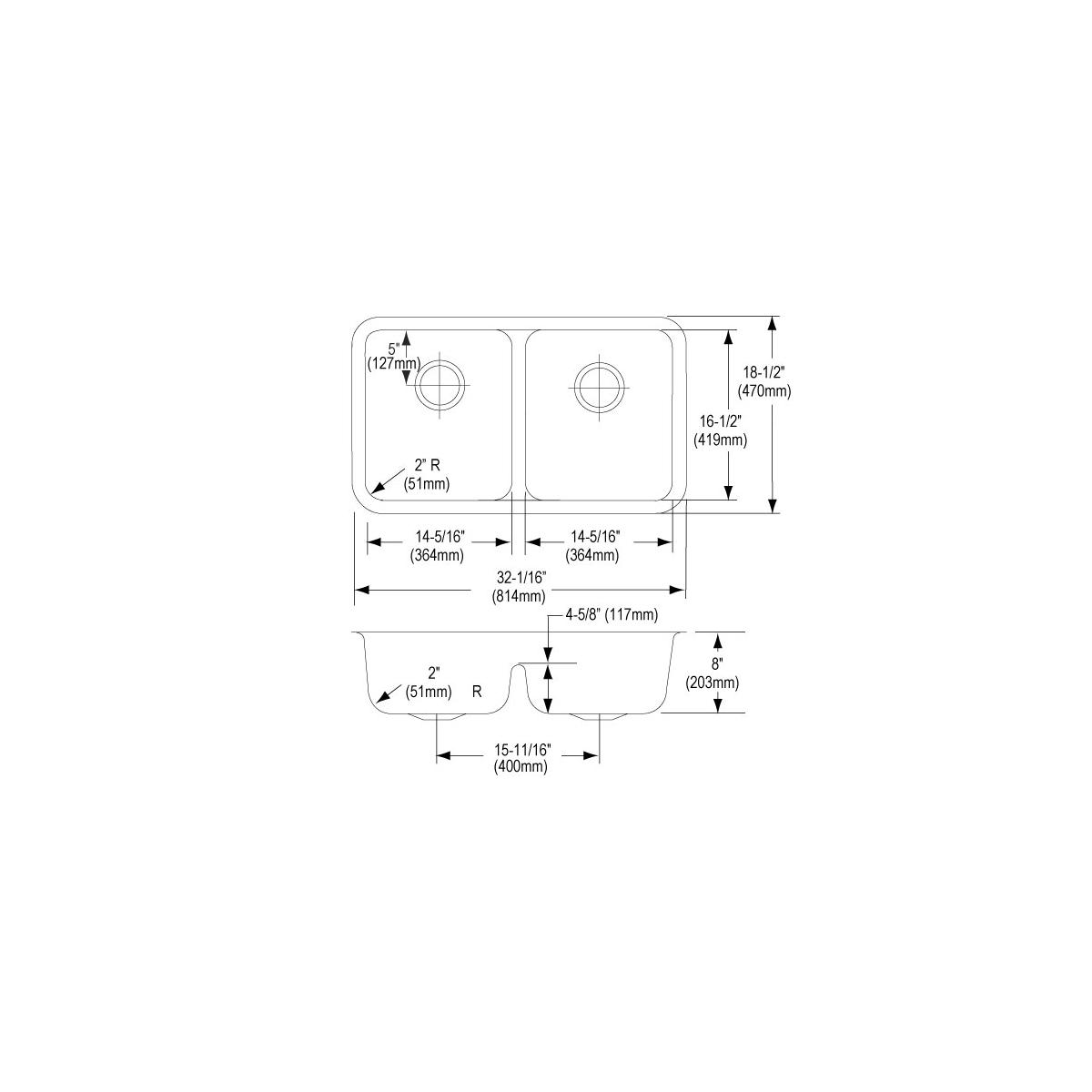 Stainless steel double bowl undermount sink with equal-sized basins and center divider, shown in top and side schematic views
