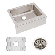Stainless steel single-bowl farmhouse sink with drain basket and protective grid mat included.
