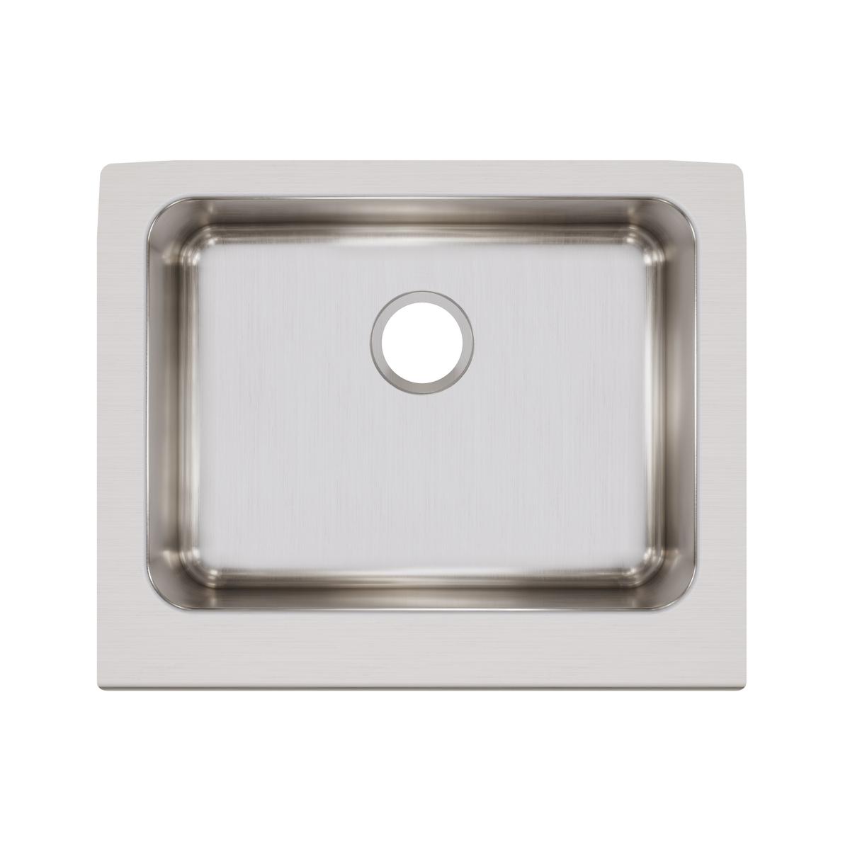 Stainless steel single bowl farmhouse sink with brushed finish and one pre-drilled hole, viewed from above.