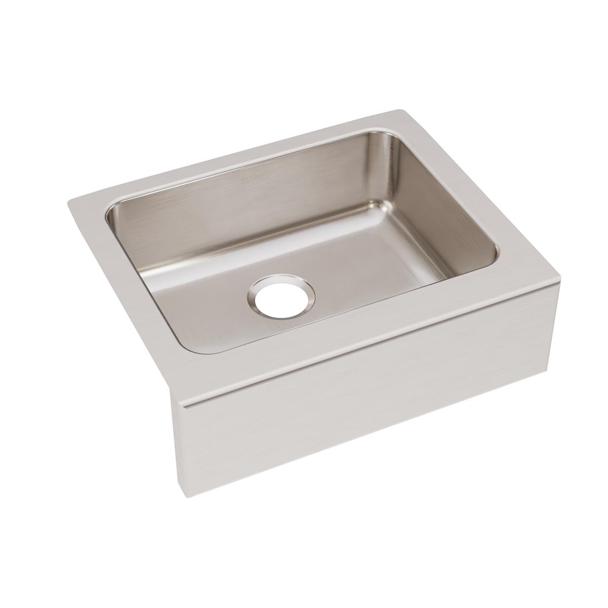 Stainless steel single bowl farmhouse sink with one drain hole and rounded interior corners.
