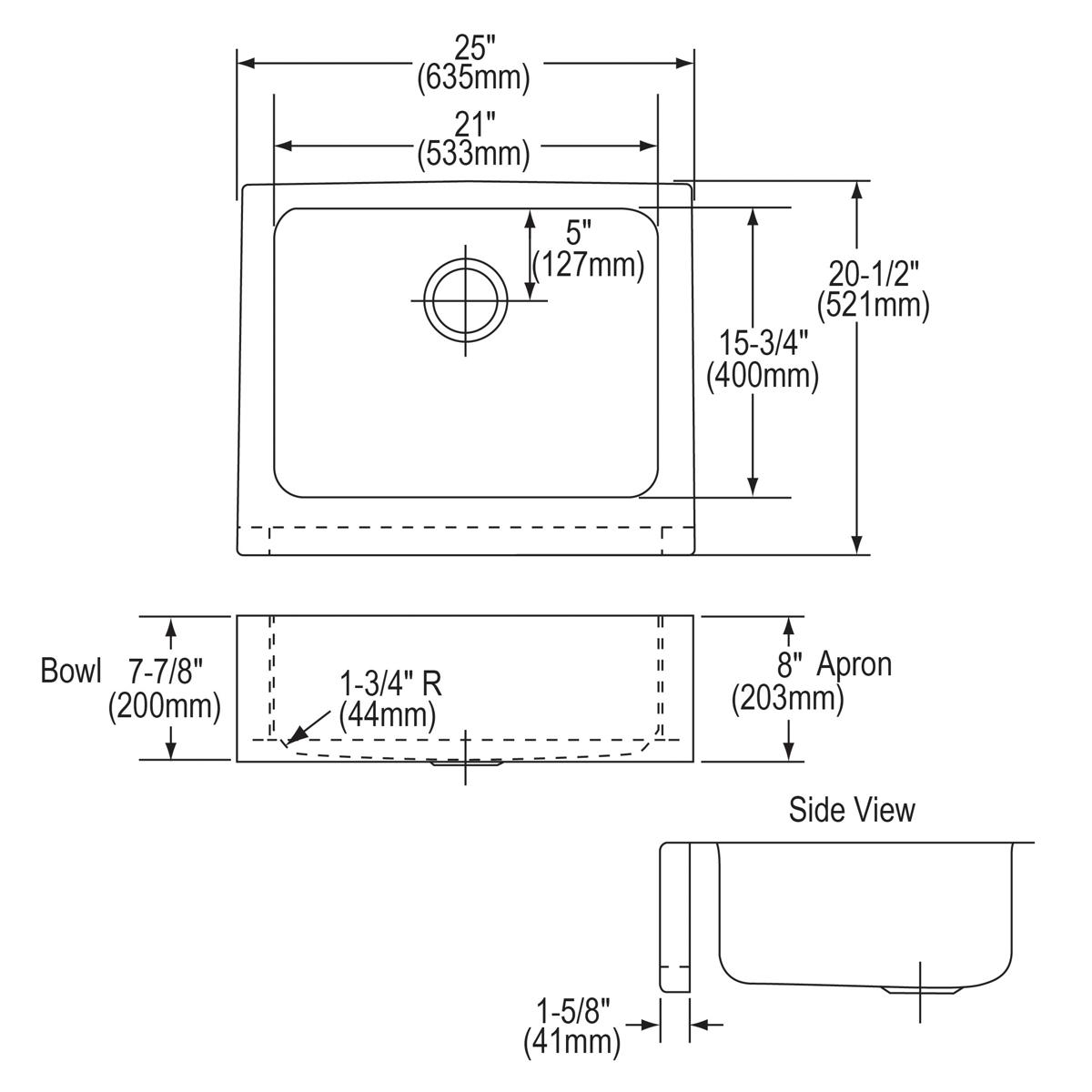 Stainless steel single bowl farmhouse sink with top and side technical dimension views showing measurements and rounded corne