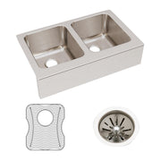 Stainless steel farmhouse sink with two equal bowls, apron front, drain holes, and included grid strainer and basket.