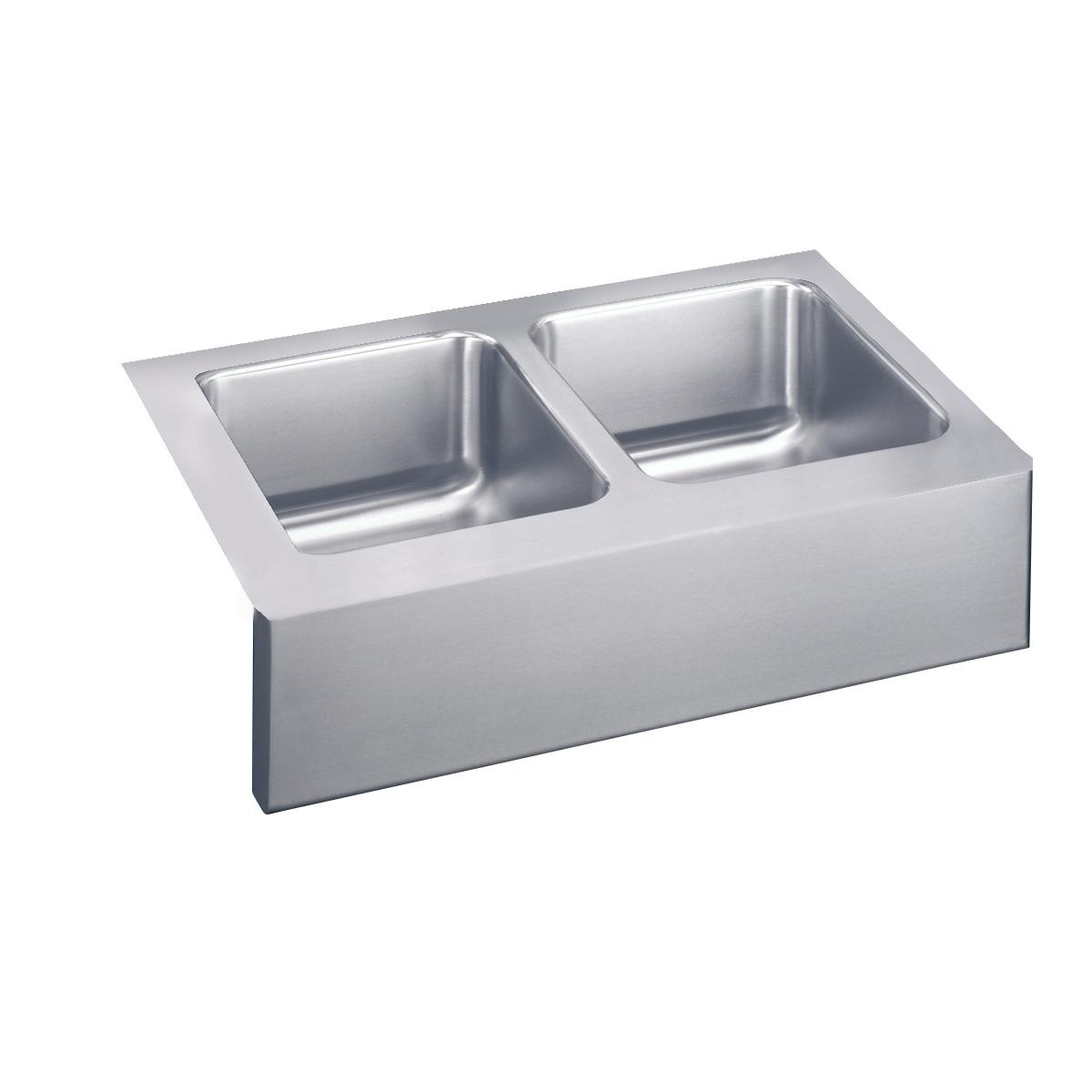 Stainless steel farmhouse sink with two equal rectangular bowls and apron front.