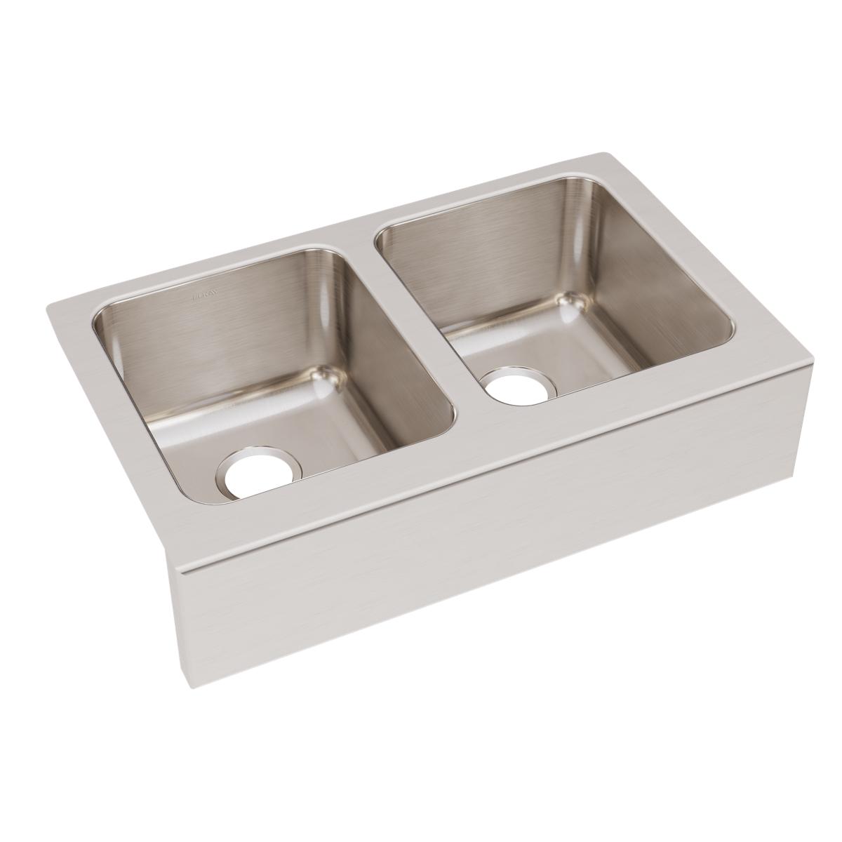 Stainless steel double bowl farmhouse sink with two equal rectangular basins and drain holes.