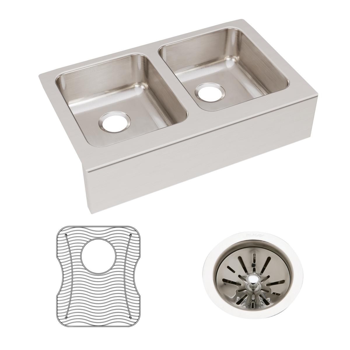 Stainless steel farmhouse sink with two equal bowls, drain holes, wire grid strainer, and basket strainer included.