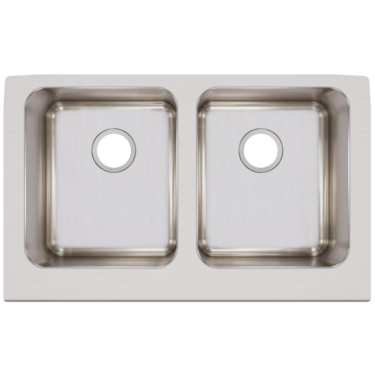 Stainless steel double bowl farmhouse sink with two equal-sized rectangular basins and drain holes.
