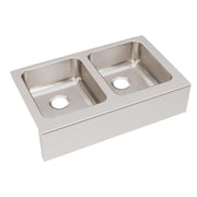 Stainless steel farmhouse sink with two equal bowls, rounded corners, and pre-drilled holes for faucet installation.