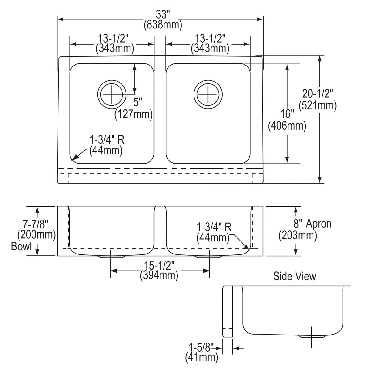Top-down and side technical drawings of a stainless steel double bowl farmhouse sink with dimensions and specifications label