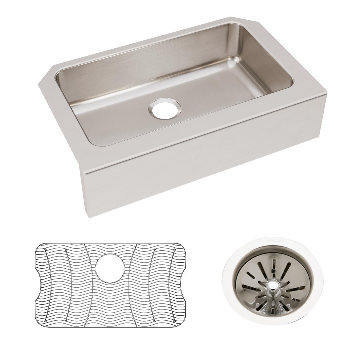 Stainless steel single bowl farmhouse sink with rounded corners, drain hole, included grid insert, and strainer basket.