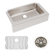Stainless steel single bowl farmhouse sink with rounded corners, drain hole, included grid insert, and strainer basket.