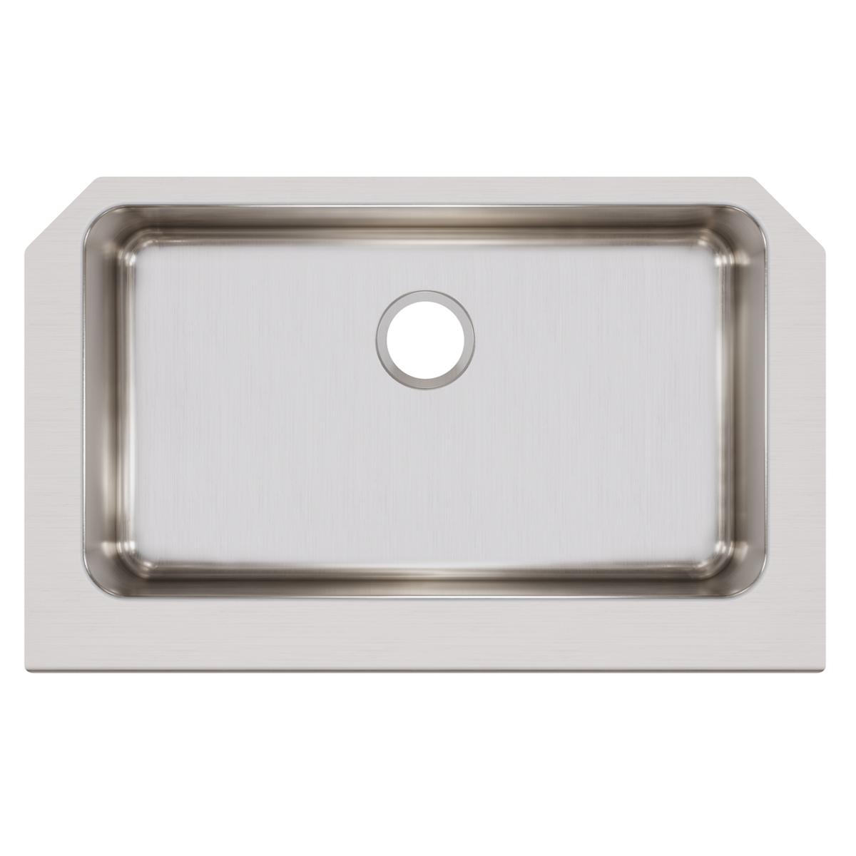 Stainless steel single bowl farmhouse sink with brushed finish and drain hole, front view.