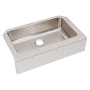 Stainless steel single bowl farmhouse sink with one drain hole and brushed finish exterior.