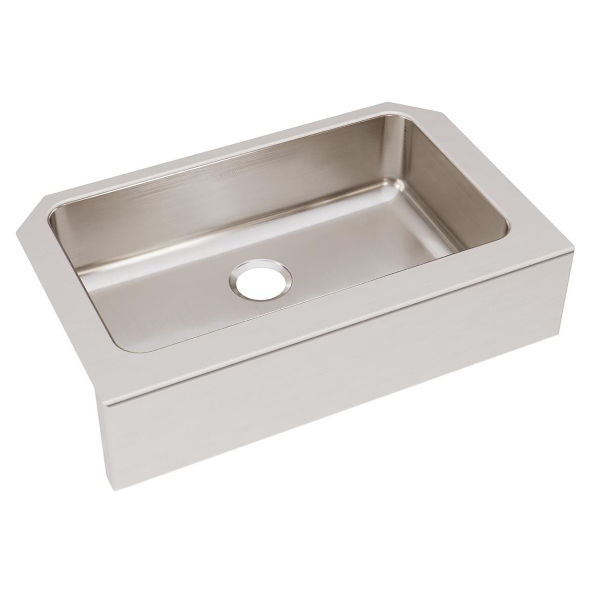 Stainless steel single bowl farmhouse sink with one drain hole and brushed finish exterior.