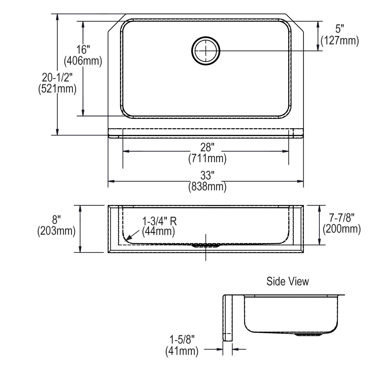 Stainless steel single bowl farmhouse sink with faucet hole, shown in top and side view technical drawings with dimensions.