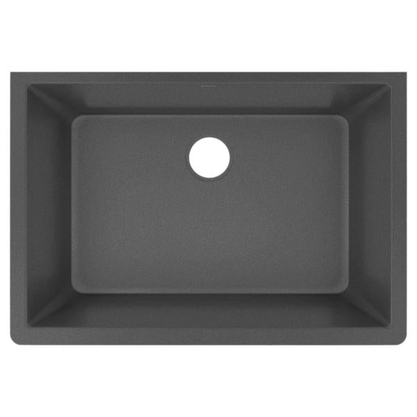 Charcoal quartz undermount sink with single rectangular bowl and faucet hole, viewed from above.