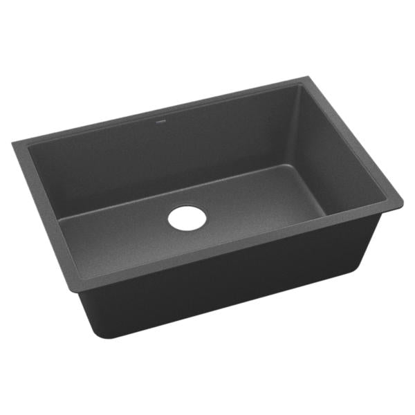 Charcoal quartz undermount kitchen sink with single rectangular bowl and drain hole.