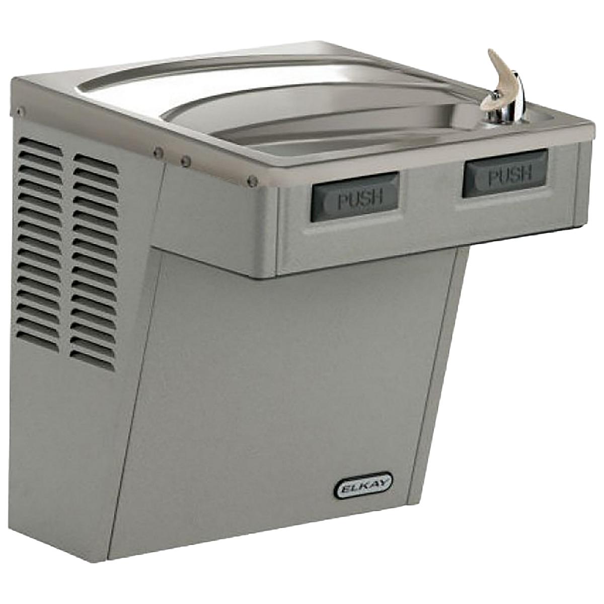 Light gray granite wall-mounted water cooler with dual push-button mechanical activation and curved drinking basin.