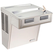 Stainless steel wall-mounted water cooler with dual push-button dispensers, refrigeration unit, and chrome drinking fountain 